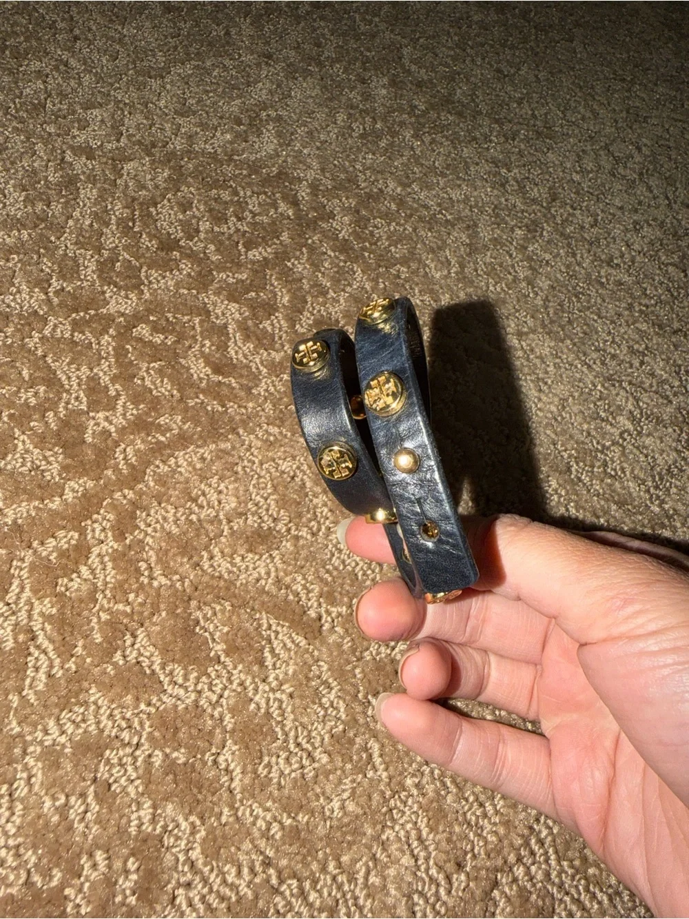 Tory Burch Black Double-Wrap Leather Bracelet with Gold Logo Studs
